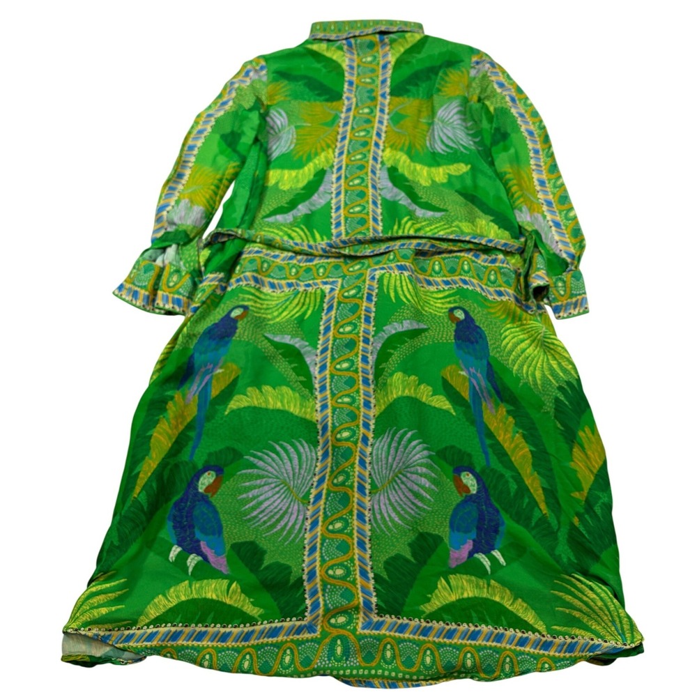 Farm Rio Macaw Scarf Chemise Tropical Parrot Green Midi Shirt Dress Belted S - Picture 4 of 14